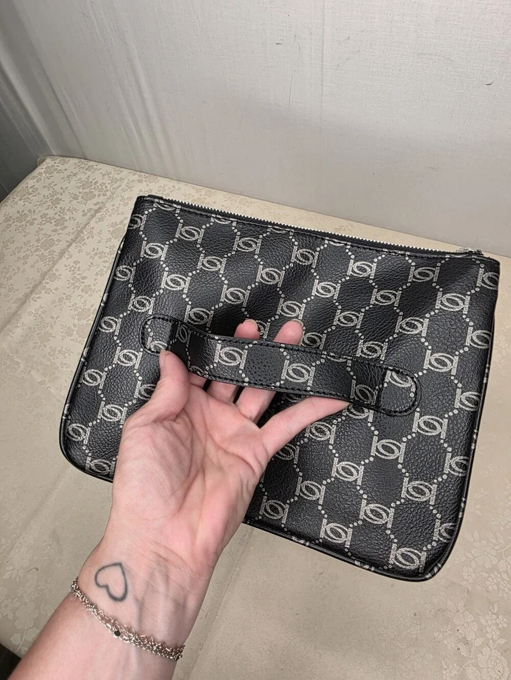 Bebe Black Silver All Over Monogram Logo Zip Wristlet Handbag Evening Bag